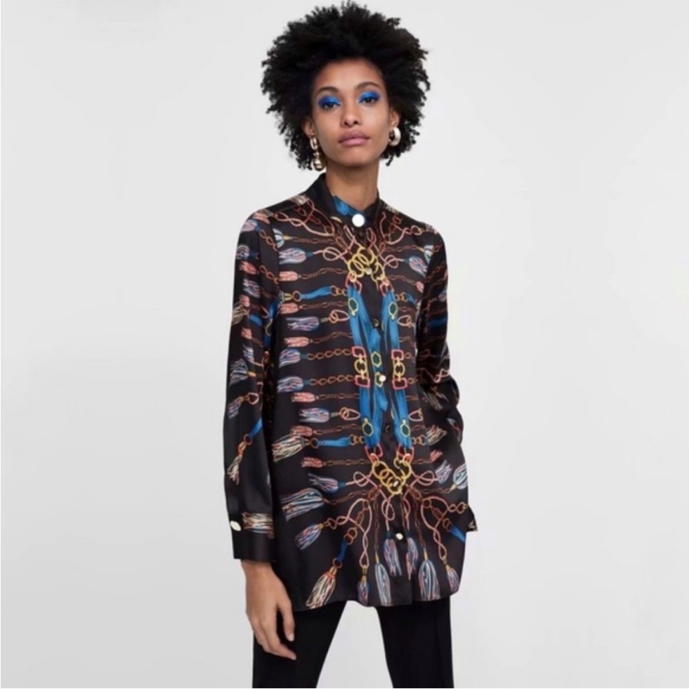 ZARA BLOGGER FAVE Black & Blue Chain Scarf Printed Long Tunic Blouse Top XS - Picture 7 of 17